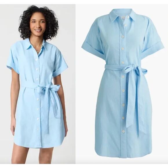 J.Crew Factory | NWT Linen-blend belted mini shirtdress in Light blue | Sz M - Picture 1 of 12